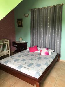 a bedroom with a bed with a curtain and a crib at Domaine des Oiseaux Réunion in Saint-André