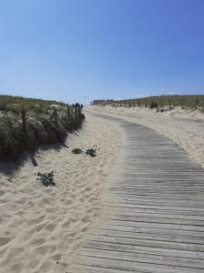 une promenade en bois sur une plage avec des empreintes sur le sable dans l'établissement Appartement cosy, à Moliets-et-Maa