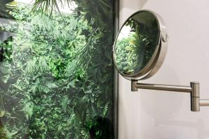 einen Spiegel an der Badezimmertür mit grüner Wand in der Unterkunft Estupendo Piso de 2 dormitorios en la Gran Vía. A/A. Wifi. in Salamanca