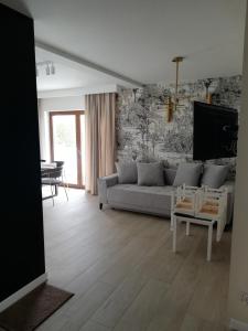a living room with a couch and a tv at Apartament Latarnik- BIG in Gąski