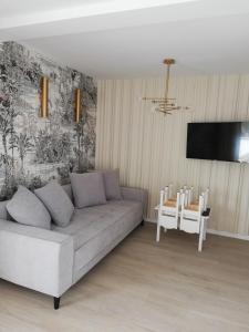 a living room with a couch and a tv at Apartament Latarnik- BIG in Gąski +6 photos