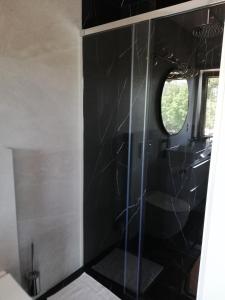 a bathroom with a shower with a glass door at Apartament Latarnik- BIG in Gąski