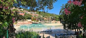 a swimming pool in a resort with chairs and trees at Le Petit Mas de Grimaud in Grimaud