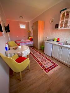 毛茛的住宿－公寓Ruzica旅館，厨房配有桌椅和水槽。