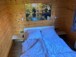 ein Bett in einer Holzhütte mit einem Bild an der Wand in der Unterkunft Spreewaldhäuser Wiesner in Lübbenau