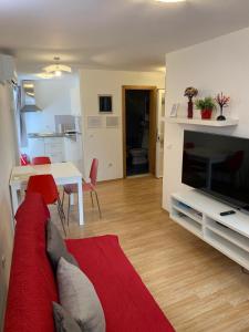 sala de estar con sofá, mesa y TV en Apartment Matteotti 199, en Rovinj
