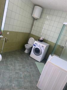 a bathroom with a washing machine and a toilet at Nuomojami kambariai Kelmeje in Kelmė
