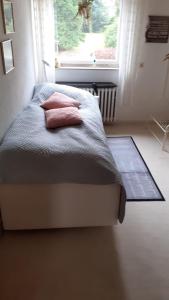 um quarto com uma cama com duas almofadas e uma janela em Ferienwohnung Silk em Niederkrüchten