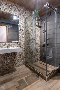 La salle de bains est pourvue d'une douche et d'un lavabo. dans l'établissement Ξενώνας Τ’Αρχοντικό, à Palaios Panteleimonas
