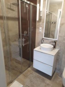 a bathroom with a glass shower and a sink at Apartament Latarnik- STANDARD in Gąski