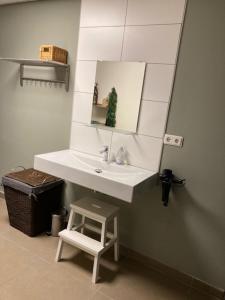 een badkamer met een wastafel en een kruk onder een spiegel bij Kom tot rust in The Forest in Putte