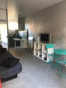 ein Wohnzimmer mit einem Sofa, einem TV und einem Tisch in der Unterkunft Studio plage in Canet-en-Roussillon