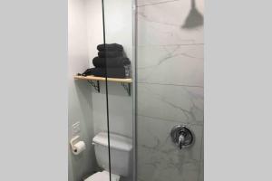 a bathroom with a glass shower with a toilet at The MountainSide by Escapades Tremblant in Mont-Tremblant