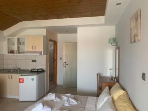 a living room with a bed and a kitchen at Hotel Platon in Nei Poroi