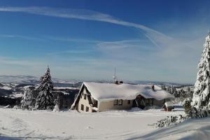 una casa cubierta de nieve con árboles en el fondo en Penzion Pochop, en Benecko