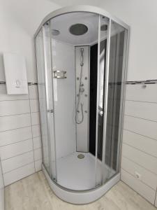 una doccia con porta in vetro in bagno di Ferienhaus am Baybach in Burgen an der Mosel a Burgen