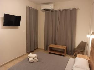 a room with a bed and a television and a chair at Summer Desire in Kavos