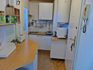 ウィーンにあるアパートメント ナッシュマルクトのキッチン(白いキャビネット、白い冷蔵庫付)