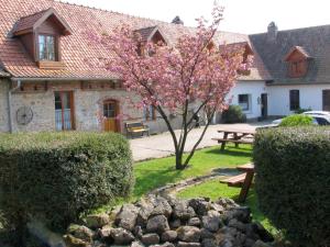 un parc avec une table de pique-nique et un arbre avec des fleurs roses dans l'établissement Auberge du Blaisel, à Wirwignes