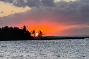 a sunset over a body of water with a pier at Keys Oceanfront Beauty Dock and pool in Marathon