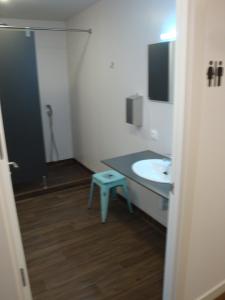 a bathroom with a toilet, sink, and mirror at Agora Hostel in Estella