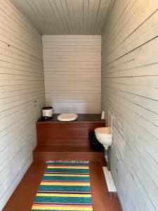 een kleine badkamer met een toilet en een tapijt bij KTU Kuntomaja in Kokkola