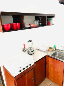 cocina con fogones blancos y fregadero en Mini Casa Cozy and Peaceful Beach Apartment, en Playa Grande