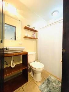 a bathroom with a toilet and a sink and a mirror at Mini Casa Cozy and Peaceful Beach Apartment in Playa Grande