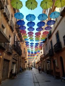 a row of umbrellas hanging over a street at da paola in Iglesias