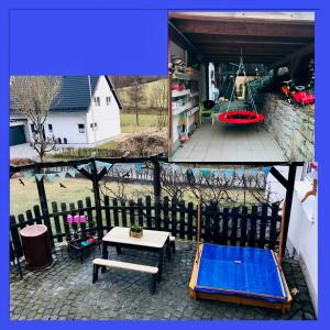 un collage d'images d'une maison avec une table et un banc dans l'établissement Ferienwohnung rundumgruen, à Olpe