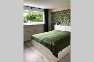 ein Schlafzimmer mit einem Bett mit einer grünen Bettdecke und einem Fenster in der Unterkunft FeWo WaldLiebe in Horn-Bad Meinberg