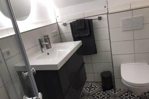 een badkamer met een wastafel en een toilet bij FeWo WaldLiebe in Horn-Bad Meinberg