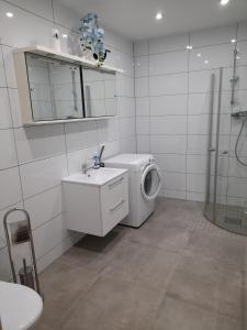 a bathroom with a washing machine and a sink at PRZYSTANEK nowEKOprzywno - Żółty Domek Pod Kasztanem in Barwice