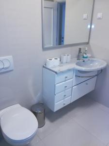 Baño blanco con aseo y lavamanos en Apartments Bohemia - Center, en Zlatibor