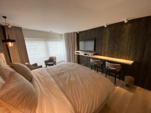 um quarto de hotel com uma cama e uma secretária com uma televisão em Le Sable Doux 8D em Middelkerke