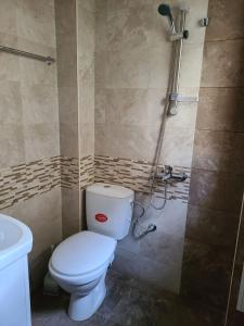 a bathroom with a toilet and a shower at Вила 111 in Sapareva Banya