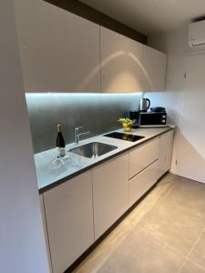 a kitchen with a sink and a bottle of wine at Apartments Hidden paradise Rovinj in Rovinj