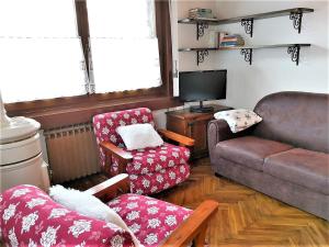 Una sala de estar con un sofá y sillas y un televisor. en Maison Mont Rose, en Valtournenche