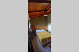 1 dormitorio con cama y techo de madera en La Casita de Drofa Gabets en Trelew