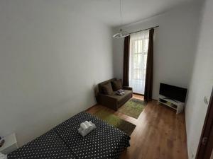 salon z łóżkiem i kanapą w obiekcie Poppys Apartment w mieście Arad