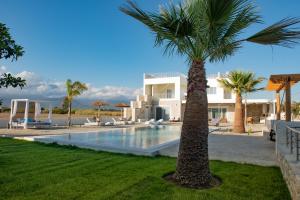 une villa avec un palmier et une piscine dans l'établissement Villa Pnoe Seaside, à Kalamaki