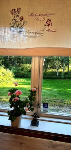 une fenêtre avec une plante en pot sur un rebord de fenêtre dans l'établissement Lidsbergs torp i Ölme, à Kristinehamn