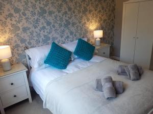 a bedroom with a bed with blue pillows on it at Snowdonia View on Isle of Anglesey in Menai Bridge
