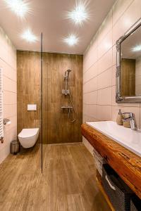 a bathroom with a sink and a shower at Holiday apartment with terrace in Liepāja