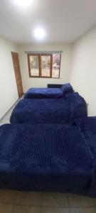 a room with four beds with blue sheets in it at Lo del Chango in Purmamarca