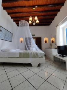 1 dormitorio con 1 cama con mosquitera en Family house by the seaside of Karavostasis, en Karavostasi