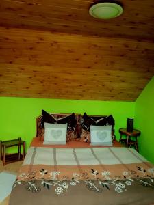 ein grünes Schlafzimmer mit einem Bett mit einer grünen Wand in der Unterkunft Rekreačný domček Judka in Dedinky