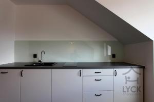 kuchnia z białymi szafkami i zlewem w obiekcie Lyck Apartamenty w mieście Ełk
