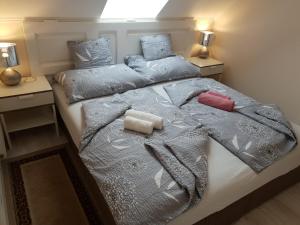 ヘーヴィーズにあるGyula Villaのベッドルーム1室(ベッド2台、毛布、枕付)