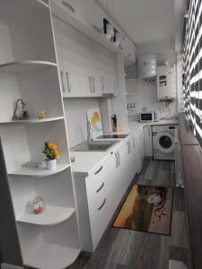 a kitchen with white cabinets and a sink at Studio 88 in Tulcea